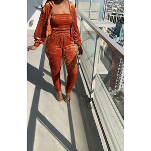 New Women's Three-Piece Velour Crop Top Short Jacket Set Tracksuit/Crop Top with Hood/Y2K Velvet Leisure Set/Street wear/Velour Lounge wear
