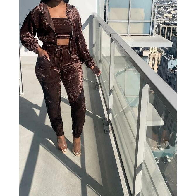 New Women's Three-Piece Velour Crop Top Short Jacket Set Tracksuit/Crop Top with Hood/Y2K Velvet Leisure Set/Street wear/Velour Lounge wear