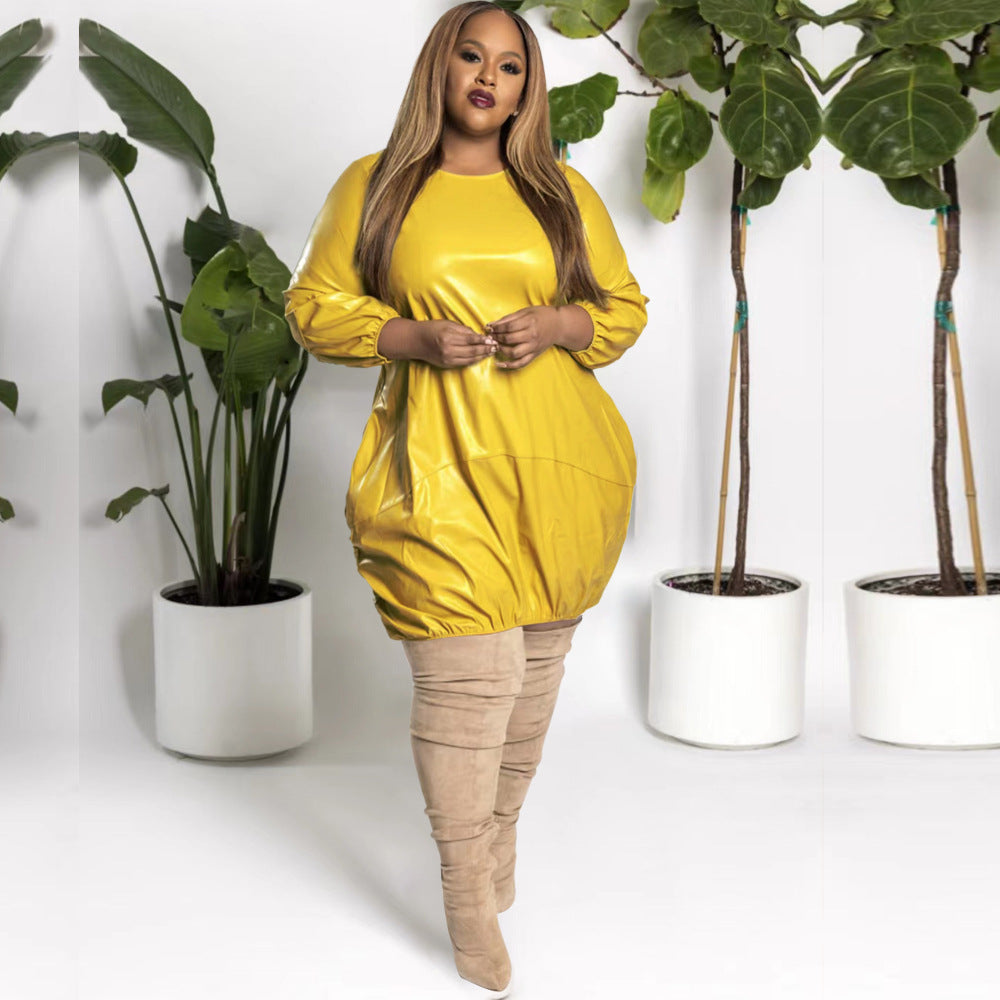New Plus Size Pu Yellow or Brown Leather Long Sleeve Loose Dress/Extravagant  Yellow Dress/Over Sized Dress/Short Dress  ss