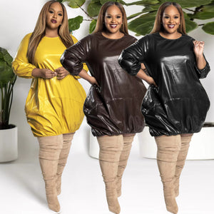 New Plus Size Pu Yellow or Brown Leather Long Sleeve Loose Dress/Extravagant  Yellow Dress/Over Sized Dress/Short Dress  ss