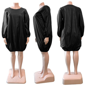 New Plus Size Pu Yellow or Brown Leather Long Sleeve Loose Dress/Extravagant  Yellow Dress/Over Sized Dress/Short Dress  ss