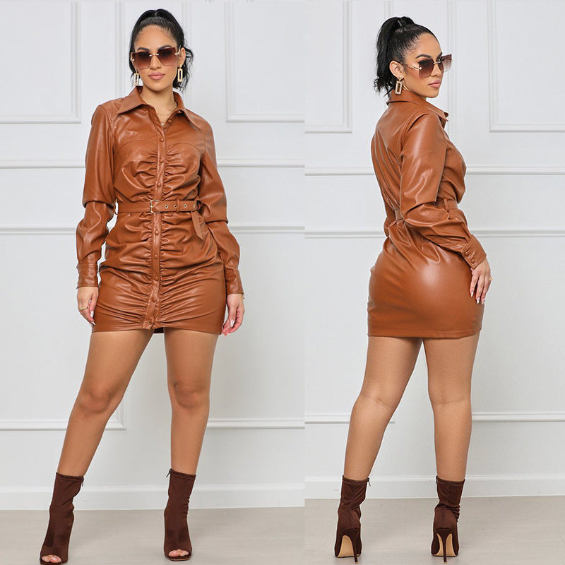 Women's Faux Leather Dress/Sexy Halter Dress/Khaki Leather Dress Birthday Dress/