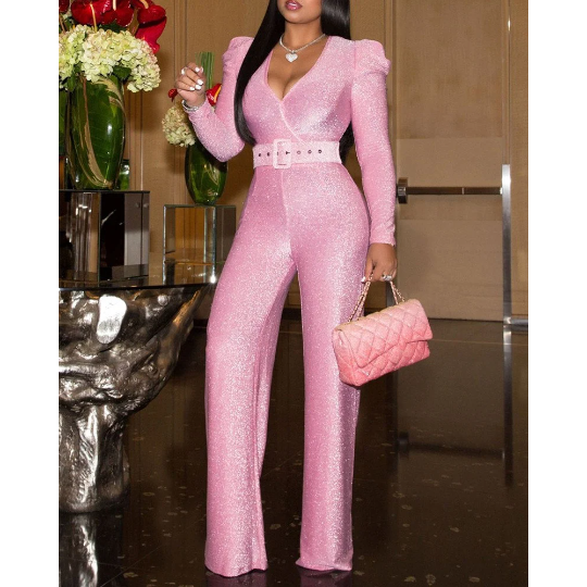Women's Pink Puff Long Sleeve Wide Leg Glitter Jumpsuit/Birthday/Glitter Jumpsuit/Women's Jumpsuit