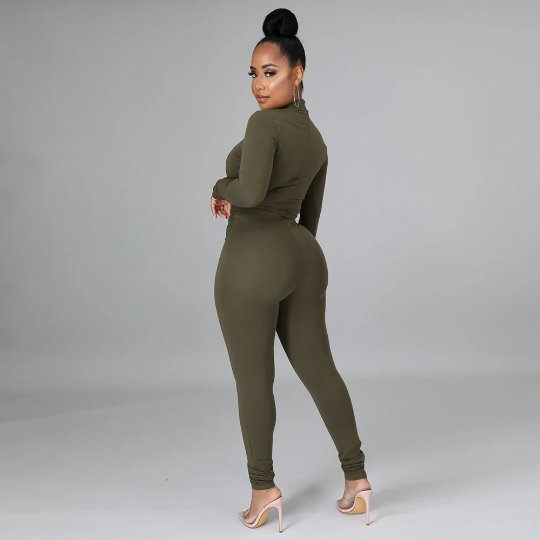 New Women Long Sleeve Crop Top Army Green Tunic Shirt/Casual Leather Patchwork Two Piece Outfit