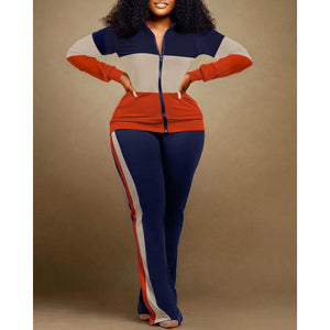 Plus Size Contract Zipper Jacket Mulcolored and Pants Set