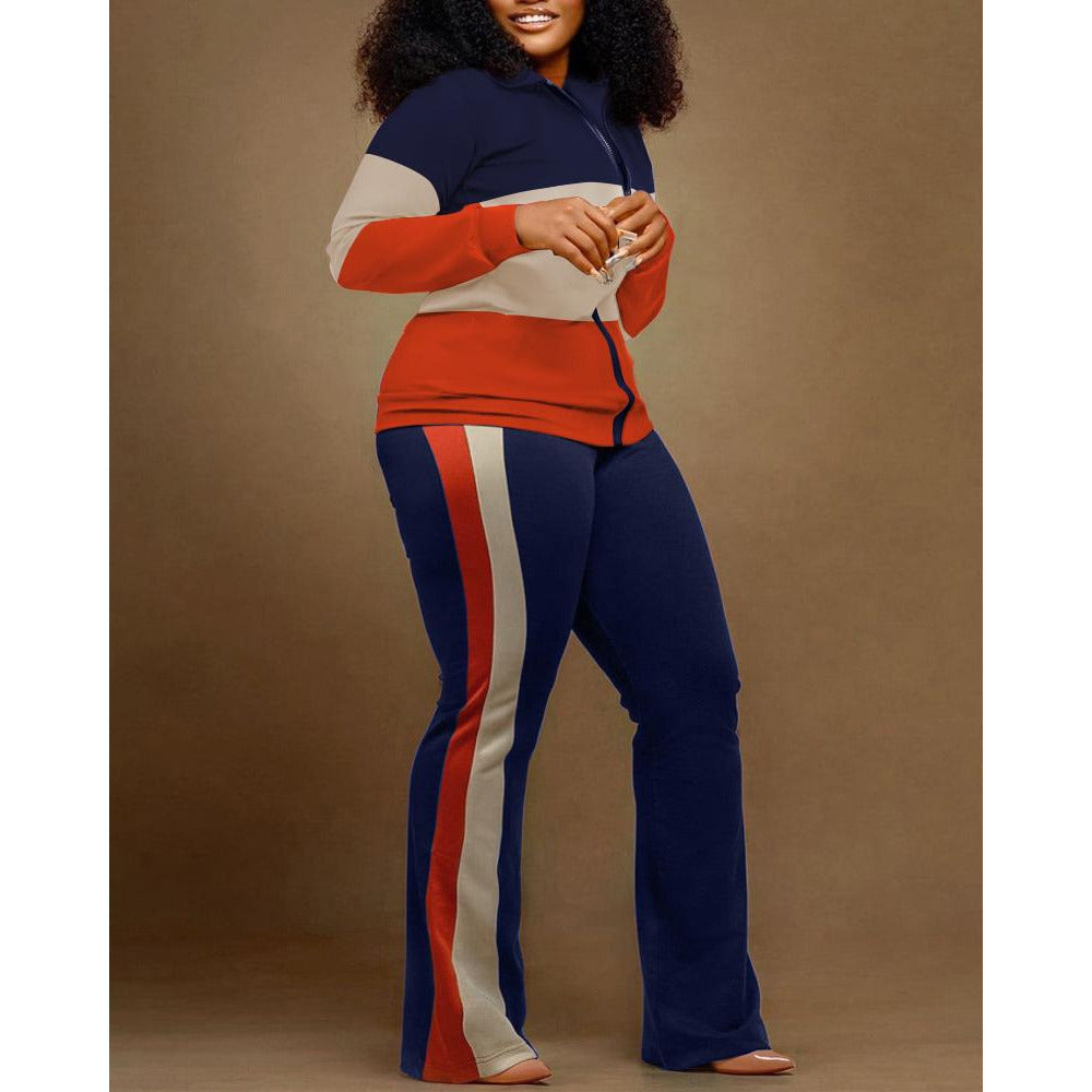 Plus Size Contract Zipper Jacket Mulcolored and Pants Set