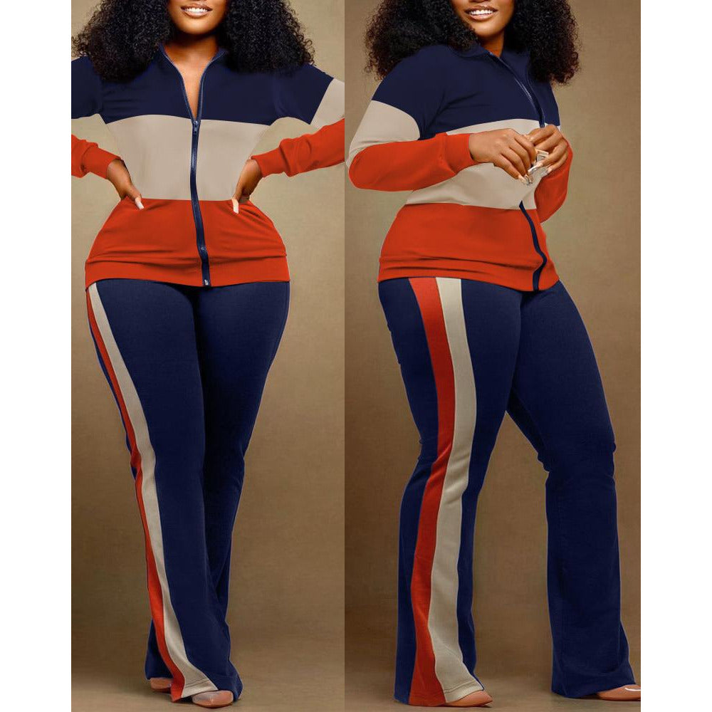 Plus Size Contract Zipper Jacket Mulcolored and Pants Set