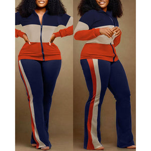 Plus Size Contract Zipper Jacket Mulcolored and Pants Set